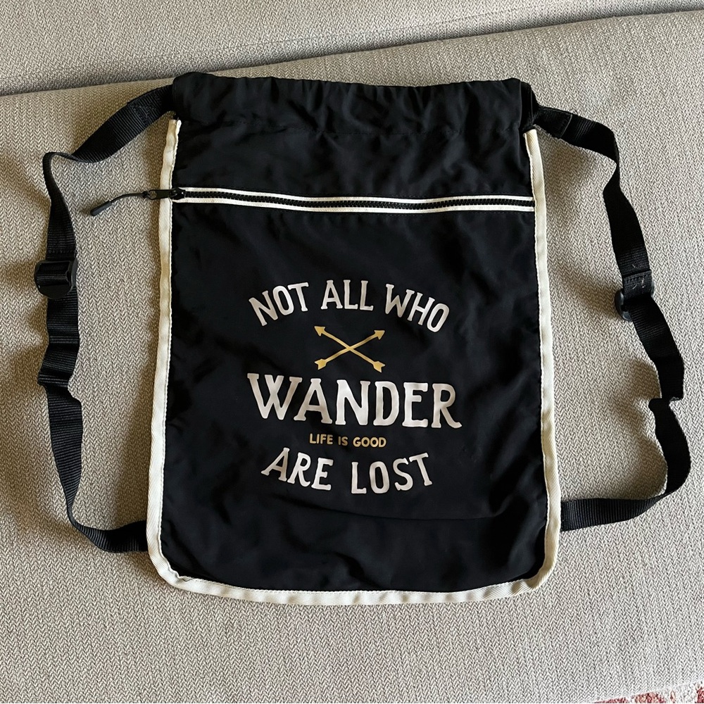 Life Is Good Black and White Backpack with Compass Design
